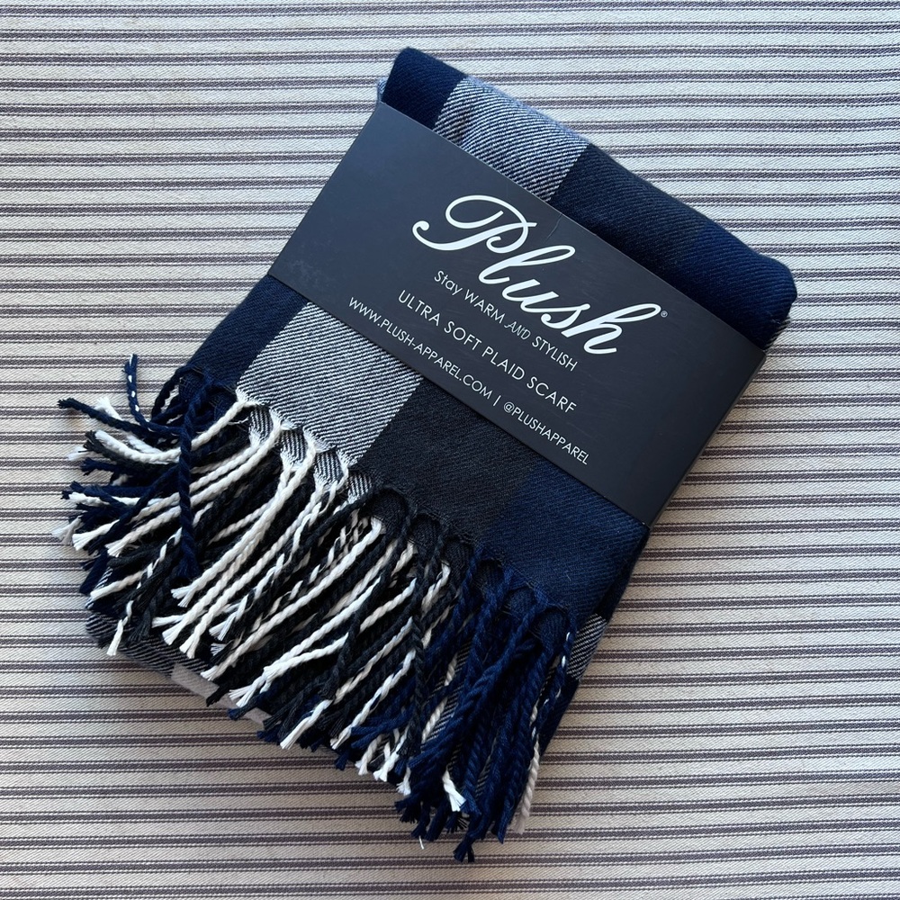 Navy ultra soft plaid scarf by Plush Apparel